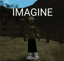 a man in a cowboy hat is standing in front of a fence with the words imagine above him