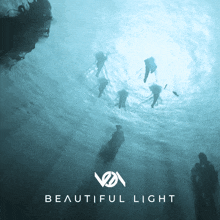 a group of people are swimming in the ocean and the words beautiful light are on the bottom