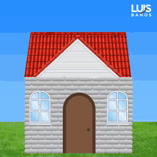 a cartoon house with a red roof and the words luis banos on the bottom