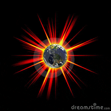 the earth is surrounded by red and yellow rays that are coming out of it