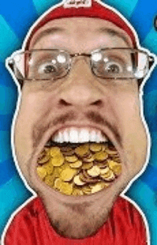 a man with glasses and a beard is eating gold coins with his mouth open .