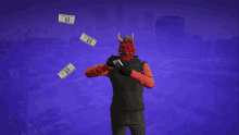 a man wearing a red demon mask is holding a remote control while money falls around him