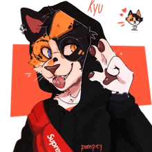 a drawing of a cat wearing a black hoodie and a supreme bag