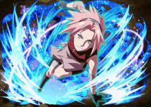 a girl with pink hair and blue eyes is surrounded by blue swirls in a video game .