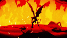 a silhouette of a demon with wings and horns is surrounded by fire