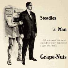 an advertisement for grape-nuts shows a man in a suit standing next to a naked man with a box on his head