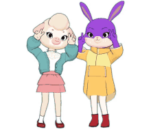 a pig and a purple bunny are making peace signs