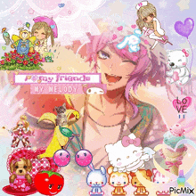 a girl with pink hair is surrounded by cartoon characters and a sign that says " my friends my melody "