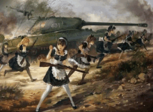 a painting of maids holding guns in front of a tank with 431 on the side