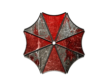 a red and gray umbrella with a white center on a white background