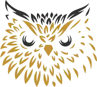 a drawing of an owl 's face with a yellow beak and black feathers