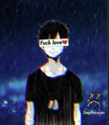 a man with a sticker on his face that says `` fuck love '' is standing in the rain .