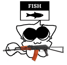 a black and white drawing of a cat holding a rifle with a fish above it .