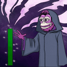 a cartoon of a monkey in a robe holding a green bar chart