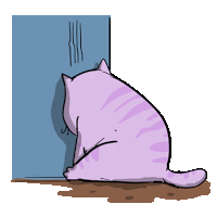 a purple cat is sitting in front of a blue wall