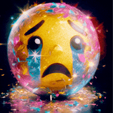 a yellow smiley face with a crying face is surrounded by confetti