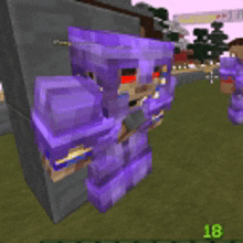 a purple minecraft character is standing next to a wall with the number 18 next to it .