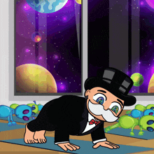 a cartoon of a man in a top hat doing a yoga pose