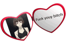 a heart shaped mirror with a picture of a girl and the words " fuck youy bitch " on it