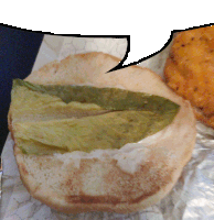 a close up of a sandwich with a speech bubble on it