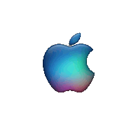 a blue and purple apple logo on a white backdrop