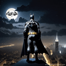 a batman standing on top of a building in front of a full moon with the words city boys on it