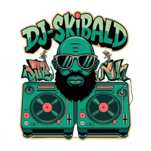 a cartoon illustration of a man with a beard wearing sunglasses and a pair of turntables with the name dj skibald on it