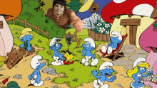 a group of smurfs are gathered together in a cartoon