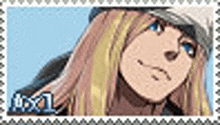 a stamp with a picture of a girl with long blonde hair and a hat .