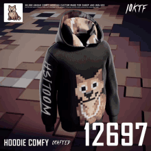 a black hoodie with a pixelated dog on it and the number 12697