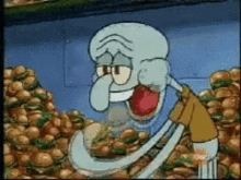 squidward from spongebob squarepants is eating a bunch of burgers