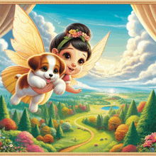 a painting of a fairy holding a puppy with wings