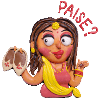 a cartoon drawing of a woman holding a pair of shoes and the word paise written around her