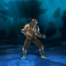 a man in armor is standing in a dark room