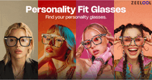 an advertisement for personality fit glasses shows four women wearing different glasses