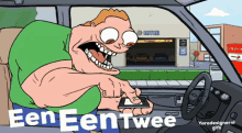 a cartoon of a man in a car with the words een een twee written on the bottom