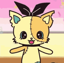 a cartoon cat with a black bow on its head is standing in front of a pink background .