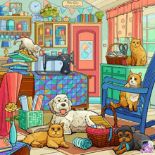 a drawing of a sewing room with cats and dogs and a sign that says keep calm