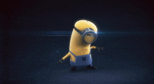 a cartoon minion wearing overalls and goggles with the letter n on his chest