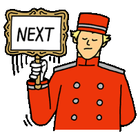 a cartoon of a man in a red uniform holding a sign that says next