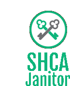 a logo for shca janitor with two crossed keys in a circle