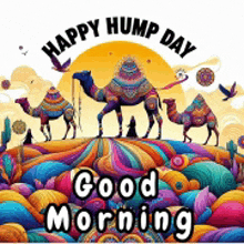 a happy hump day greeting card with camels on a colorful hill