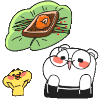 a cartoon drawing of a bear and a chicken looking at food