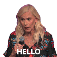 a woman holding a microphone with the word hello on it