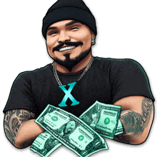 a man wearing a black shirt with the letter x on it holds a bunch of dollar bills