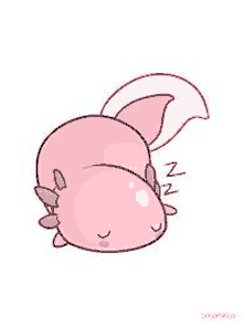 a pink axolotl is sleeping on a white surface .