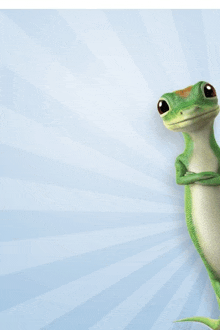 a green and white lizard stands with its arms crossed on a blue background