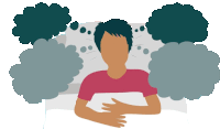 an illustration of a man laying in bed with clouds around his head