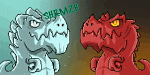 a pixel art drawing of two dinosaurs with shrmzb written in green