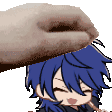 a hand is petting a cartoon character 's head with blue hair .